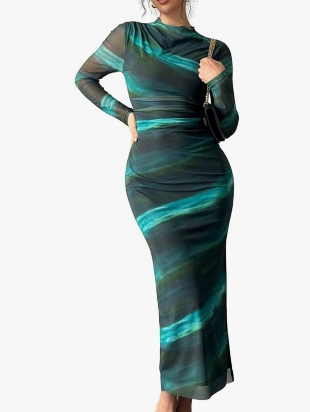 Long Sleeve Aqua Green Wave Midi Dress With Side Slit